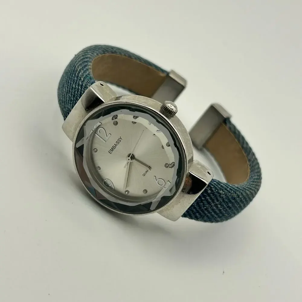 Vintage Embassy Women’s Quartz Watch Faceted Crystal Bezel Blue Denim Strap
